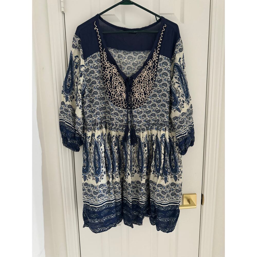 EN CREME Blue White Paisley Embroidered Boho Tunic Mini Dress Tassel Women's 1X - Picture 3 of 12